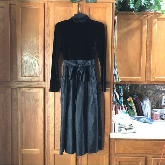 LDT High Neck Velour Satin Long Sleeve MIDI Dress - 4 - Picture 1 of 13